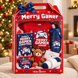 Merry Gamer Christmas gift box with red personalized sweatshirt, navy tumbler, activity book, crayons, reindeer plush, socks, and Santa note