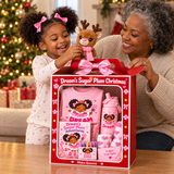 Grandmother and granddaughter opening a Dream's Sugar Plum Christmas gift box together by the tree