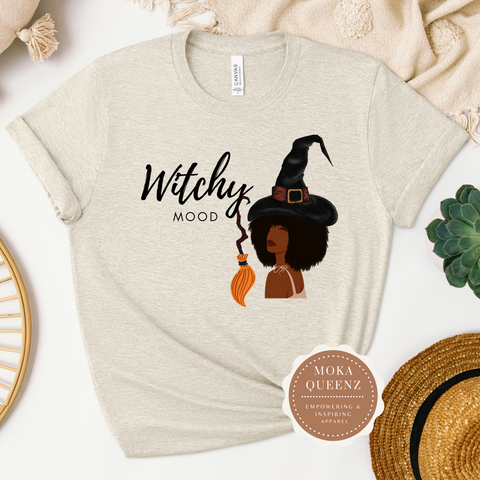 Witch T Shirt | Halloween T Shirt | Heather Beige T shirt with witch graphic design