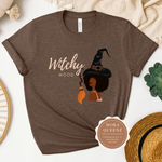 Witch T Shirt | Halloween T Shirt | Heather Brown T shirt with witch graphic design