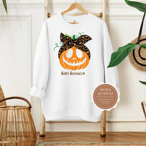 Pumpkin Sweater | White Sweatshirt With Orange Pumpkin with Happy Halloween Text