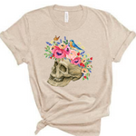 Skeleton Shirt | Skull T Shirts | Heather Beige T Shirt with flowers and birds sitting on skull