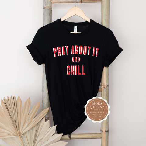 Praying T Shirt - Christian Tees - Black T shirt with White and red text