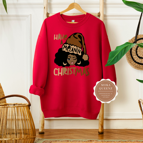 Christmas Sweatshirt | Red Sweatshirt with African American Girl with Santa Hat