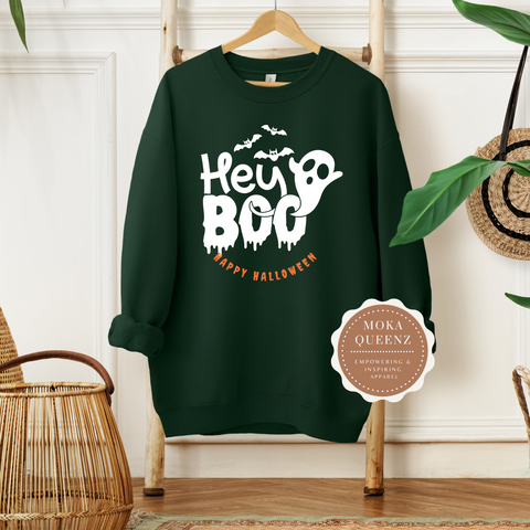 Hey Boo Shirt | Green Sweatshirt with White and Orange Hey Boo Graphic