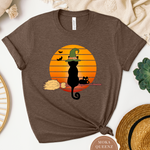 Black Cat Shirt | Halloween T Shirt | Heather Brown T shirt with black cat halloween graphics