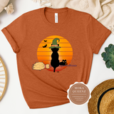 Black Cat Shirt | Halloween T Shirt | Heather Autumn T shirt with black cat halloween graphics