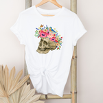 Skeleton Shirt | Skull T Shirts | White T Shirt with flowers and birds sitting on skull