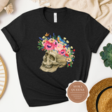 Skeleton Shirt | Skull T Shirts | Black T Shirt with flowers and birds sitting on skull