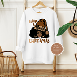 Christmas Sweatshirt | White Sweatshirt with African American Girl with Santa Hat