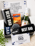 Father's Day gift basket with 'Best Dad' items including a tumbler, chocolate, and card.