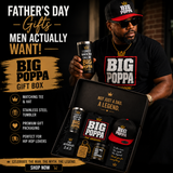 Man holding a 'BIG POPPA' gift box with tumbler and cap, promotional text for Father's Day gifts.