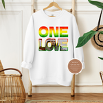 One Love Shirt | White Sweatshirt with Red, Yellow and Green Bob Marley Graphic