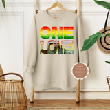 One Love Shirt | Beige Sweatshirt with Red, Yellow and Green Bob Marley Graphic