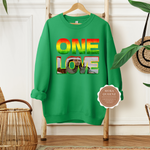 One Love Shirt | Green Sweatshirt with Red, Yellow and Green Bob Marley Graphic