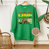 One Love Shirt | Green Sweatshirt with Red, Yellow and Green Bob Marley Graphic