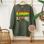 One Love Shirt | Military Green Sweatshirt with Red, Yellow and Green Bob Marley Graphic