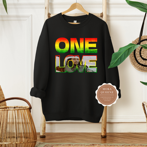One Love Shirt | Black Sweatshirt with Red, Yellow and Green Bob Marley Graphic