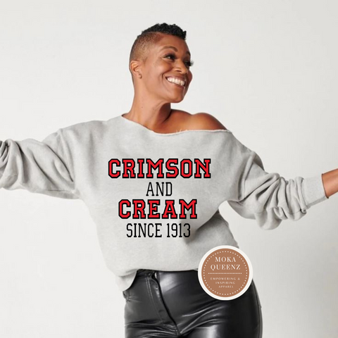 DST Crimson and Cream Off The Shoulder Shirt, Gray sweatshirt with red and black text
