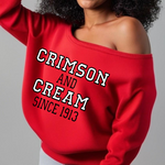 DST Crimson and Cream Off The Shoulder Shirt, Red sweatshirt with white and black text