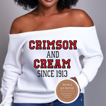 DST Crimson and Cream Off The Shoulder Shirt, White sweatshirt with red and black text