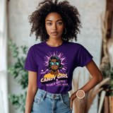 Woman wearing a purple t-shirt with a graphic design of a woman holding a lollipop and text.