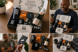 Collage of Father's Day gift sets with wine, mugs, and cards, featuring a man opening a gift.
