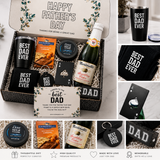 Father's Day gift set with 'Best Dad Ever' items and a bottle of sparkling cider.