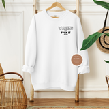 White sweatshirt with text and logo on a wooden hanger against a neutral wall.