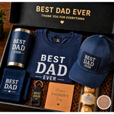 Father's Day gift set with 'Best Dad Ever' themed items including a tumbler, shirt, cap, and chocolates.