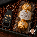 Ferrero Rocher chocolate set with a 'Best Dad' keychain on a textured surface