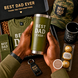 Collection of Father's Day gifts including a green tumbler, shirt, mug, and chocolates.
