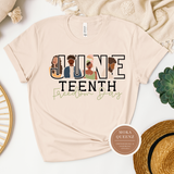 Black woman wearing Juneteenth Freedom Day graphic t shirt