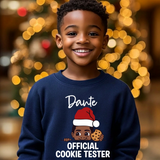 Big kid navy personalized Christmas sweatshirt with the name Dante above the words Official Cookie Tester