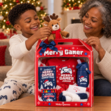 Grandmother and grandson opening a Merry Gamer Christmas gift box together by the tree