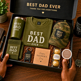 Premium Father’s Day gift box for men featuring a matching Best Dad Ever tumbler, military green shirt, camo trucker hat, socks, Ferrero Rocher chocolates, and luxury gift packaging.
