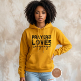 Prayer Is My Love Language hoodie in golden yellow with distressed black typography, modeled