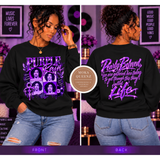 A side-by-side front and back view of a woman modeling a black crewneck sweatshirt with purple graphic prints. The front features 'Purple Rain' with portrait photos of Queen, and the back features the quote 'Pearly Beloved, we are gathered here today to get through this thing called Life' in purple script.