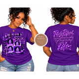 A purple graphic t-shirt shown on a model from both front and back views. The front features a collage of four portraits with the text 'PURPLE Rain' in white and purple.