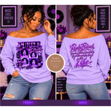 A split front-and-back view of a woman modeling an off-the-shoulder lavender sweatshirt with purple graphic text and portrait prints. The front reads 'Purple Rain' with portrait photos, and the back reads 'Party Like Life' in large purple script.