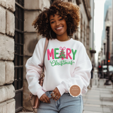 Woman wearing a 'Merry Christmas' sweatshirt on a city street