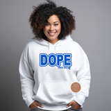 Person wearing a white hoodie with 'DOPE SINCE 1920' text, on a gray background