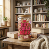 Hot Girls Read iced coffee glass with bamboo lid and glass straw styled beside books and a cream throw.