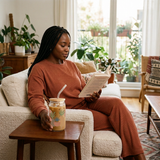Woman reading on a cream sofa with a boho botanical glass filled with iced coffee beside her.