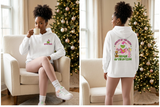 White Grinchmas hoodie front-and-back lifestyle views with coordinated sneakers and hot cocoa.