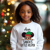 Kids personalized Christmas sweatshirt with the name Ava and a peeking elf girl above the words Santa's Little Helper