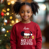 Kids red personalized Christmas sweatshirt with the name Ava and a peeking Santa girl next to a gold seal above the words Nice List Certified