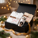 Brown Skin Girl Christmas Gift Box with a Brown Skin Girl sweatshirt, white matching tumbler, and tote in a black gift box