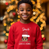 Boys red personalized Christmas sweatshirt with Santa's Homie peeking boy design and custom name