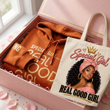 Close-up of the Special Girl hoodie and affirmation tumbler inside the gift box with the Special Girl tote leaning beside it